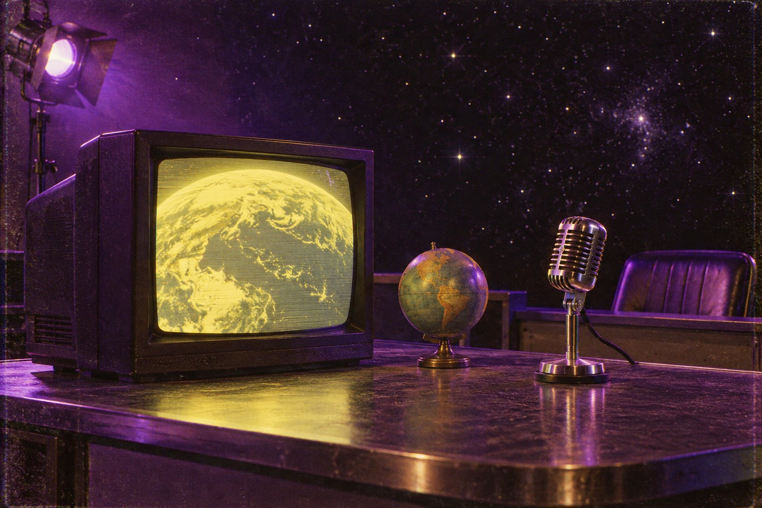 A glowing CRT television and microphone in a starry late-night broadcast studio